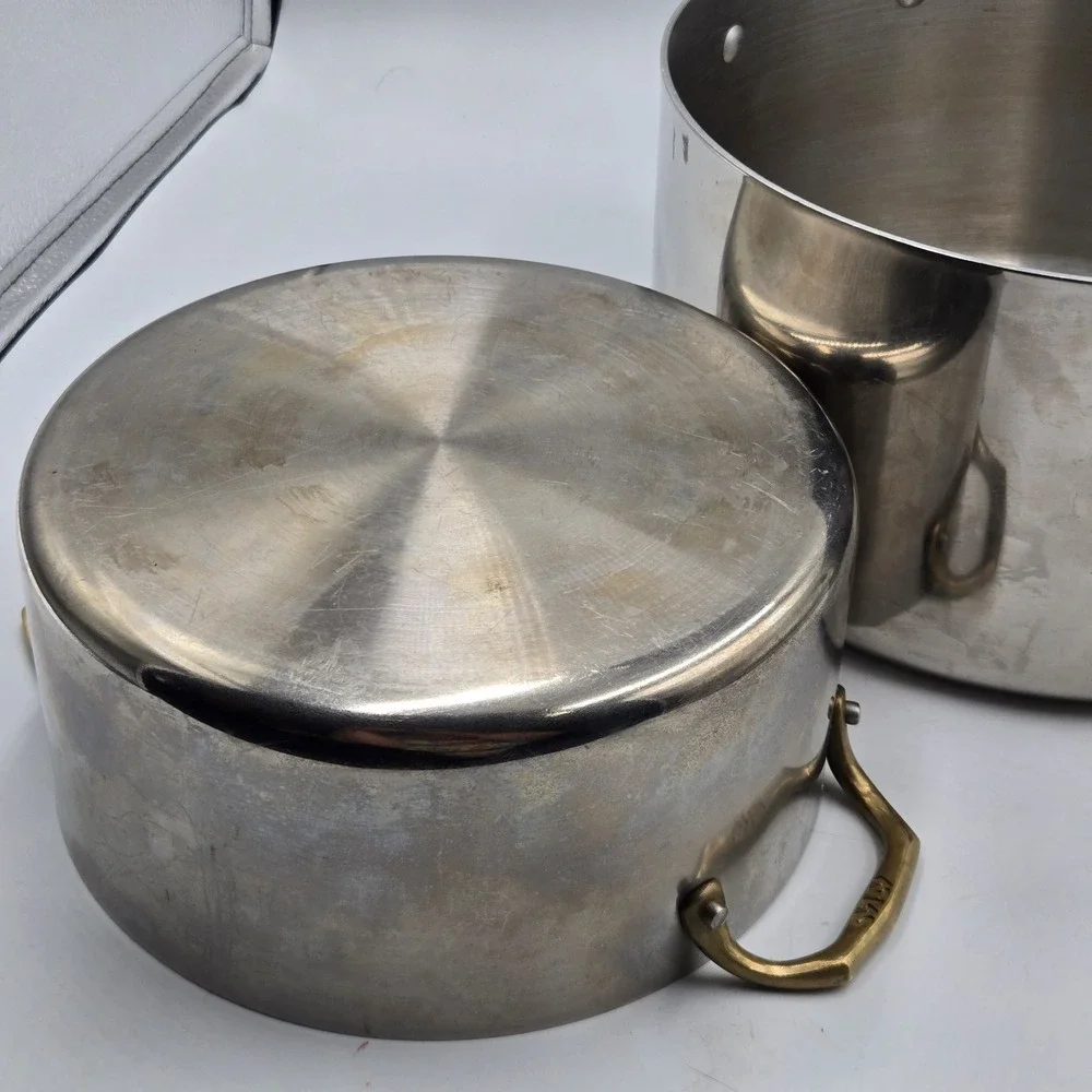 Set of 2 Vtg Atlas Metal Spinning Stainless Steel Stock Pots Brass Handle No Lid
